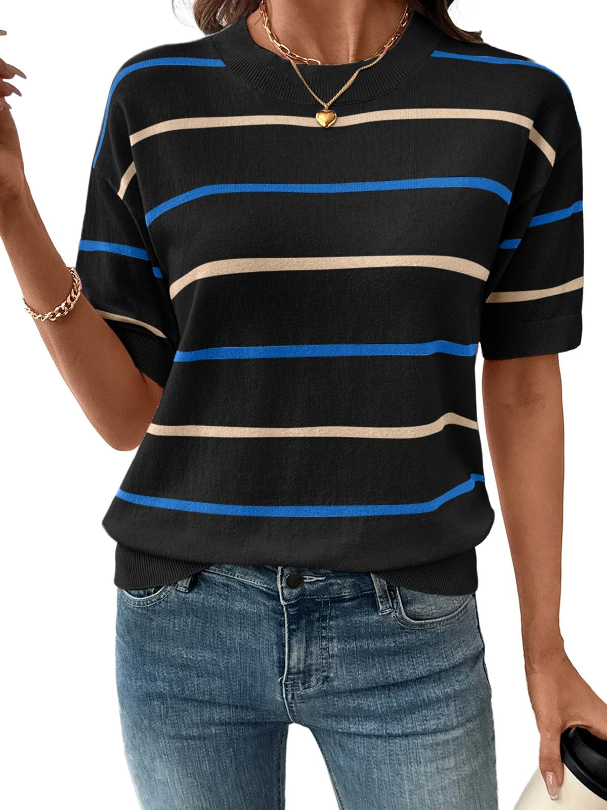 HOT SALE Women's Knitted Striped Crewneck Short Sleeve Sweater