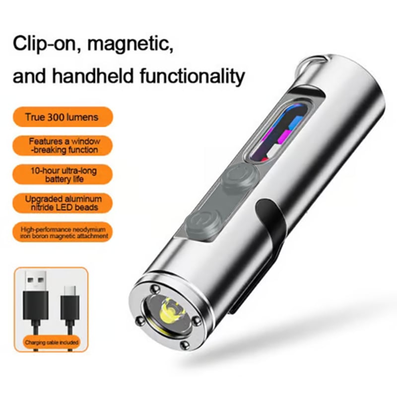 🔦Pocket Rechargeable EDC Flashlight: Mini Keychain Light with Fire Starter & Window Breaker