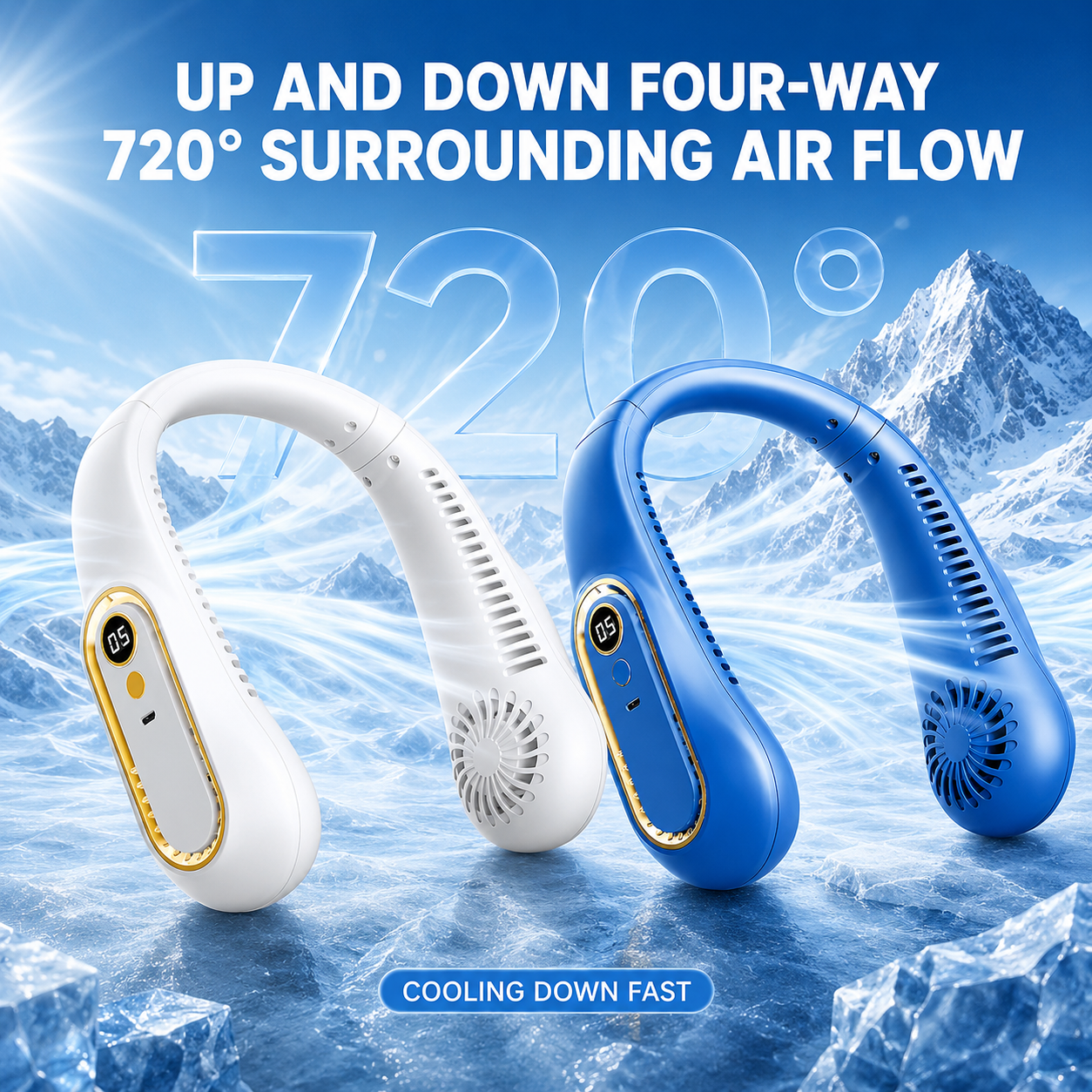 ❄️ Rechargeable Neck Fan — Strong Turbo Cooling Wind & 5-Speed Hands-Free Comfort