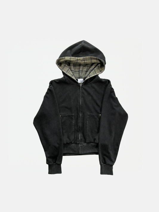 LAZY PLAID‑LINED ZIP UP HOODIE