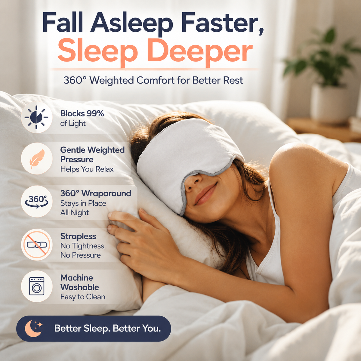 360 degree weighted blackout sleep mask worn in bed