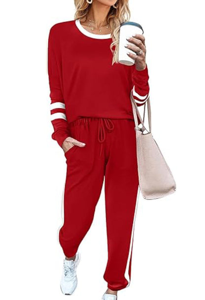 Women's Solid Long Sleeve Round Neck Pulloever Top Drawstring Pants Set