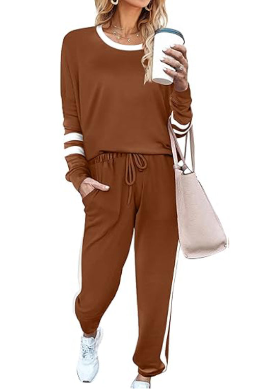Women's Solid Long Sleeve Round Neck Pulloever Top Drawstring Pants Set