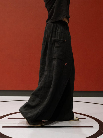16-PANEL FLAX PLEATED WIDE-LEG PANTS | WASHED BLACK
