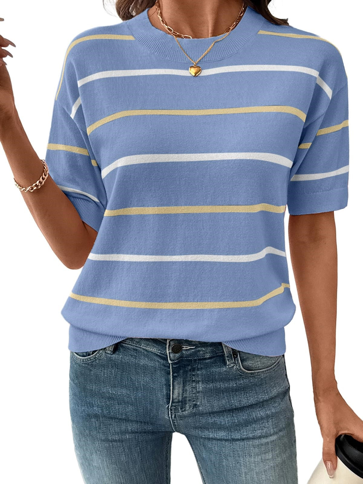 HOT SALE Women's Knitted Striped Crewneck Short Sleeve Sweater