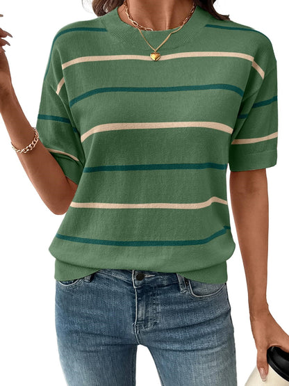 HOT SALE Women's Knitted Striped Crewneck Short Sleeve Sweater