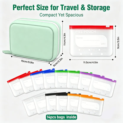 💊A8 Waterproof 14-Pouch Weekly Pill Organizer, Color-Coded Travel Storage for Vitamins & Supplements