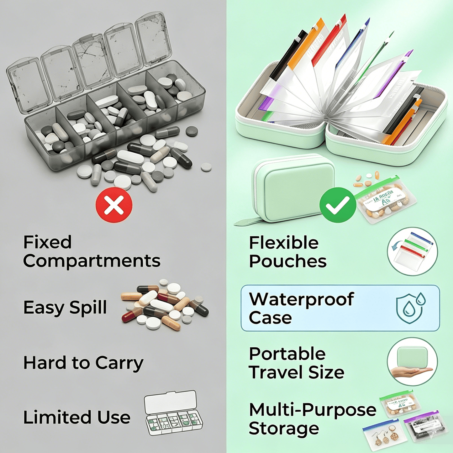 💊A8 Waterproof 14-Pouch Weekly Pill Organizer, Color-Coded Travel Storage for Vitamins & Supplements