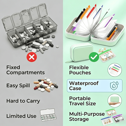 💊A8 Waterproof 14-Pouch Weekly Pill Organizer, Color-Coded Travel Storage for Vitamins & Supplements