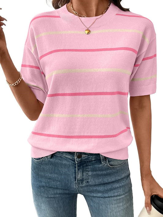 HOT SALE Women's Knitted Striped Crewneck Short Sleeve Sweater