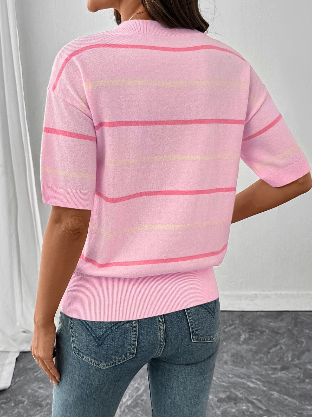 HOT SALE Women's Knitted Striped Crewneck Short Sleeve Sweater