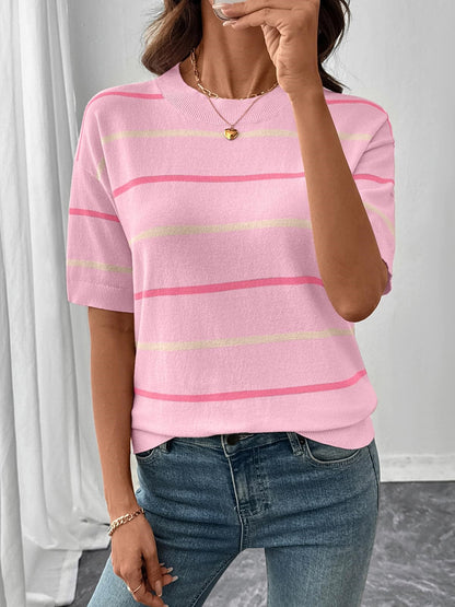 HOT SALE Women's Knitted Striped Crewneck Short Sleeve Sweater