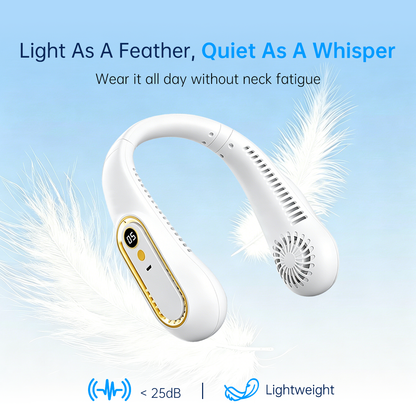 ❄️ Rechargeable Neck Fan — Strong Turbo Cooling Wind & 5-Speed Hands-Free Comfort