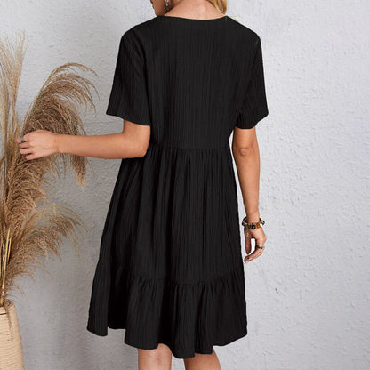 Summer Solid Dress Women Casual Bohemian V Neck Short Sleeve Ruffles Loose A Line Mini Dress Elegant Beach Party Vestidos Street