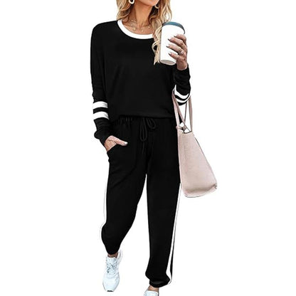 Women's Solid Long Sleeve Round Neck Pulloever Top Drawstring Pants Set