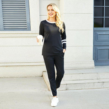 Women's Solid Long Sleeve Round Neck Pulloever Top Drawstring Pants Set
