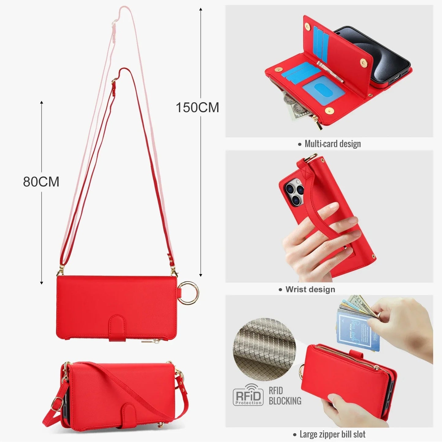 RFID Crossbody Leather Wallet Case for IPhone
