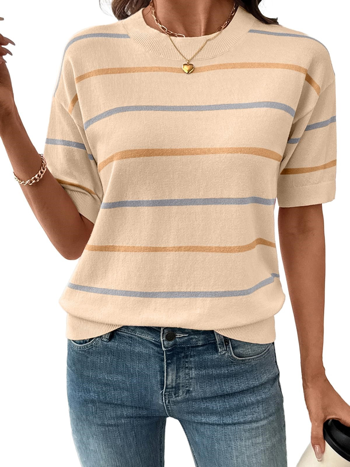 HOT SALE Women's Knitted Striped Crewneck Short Sleeve Sweater