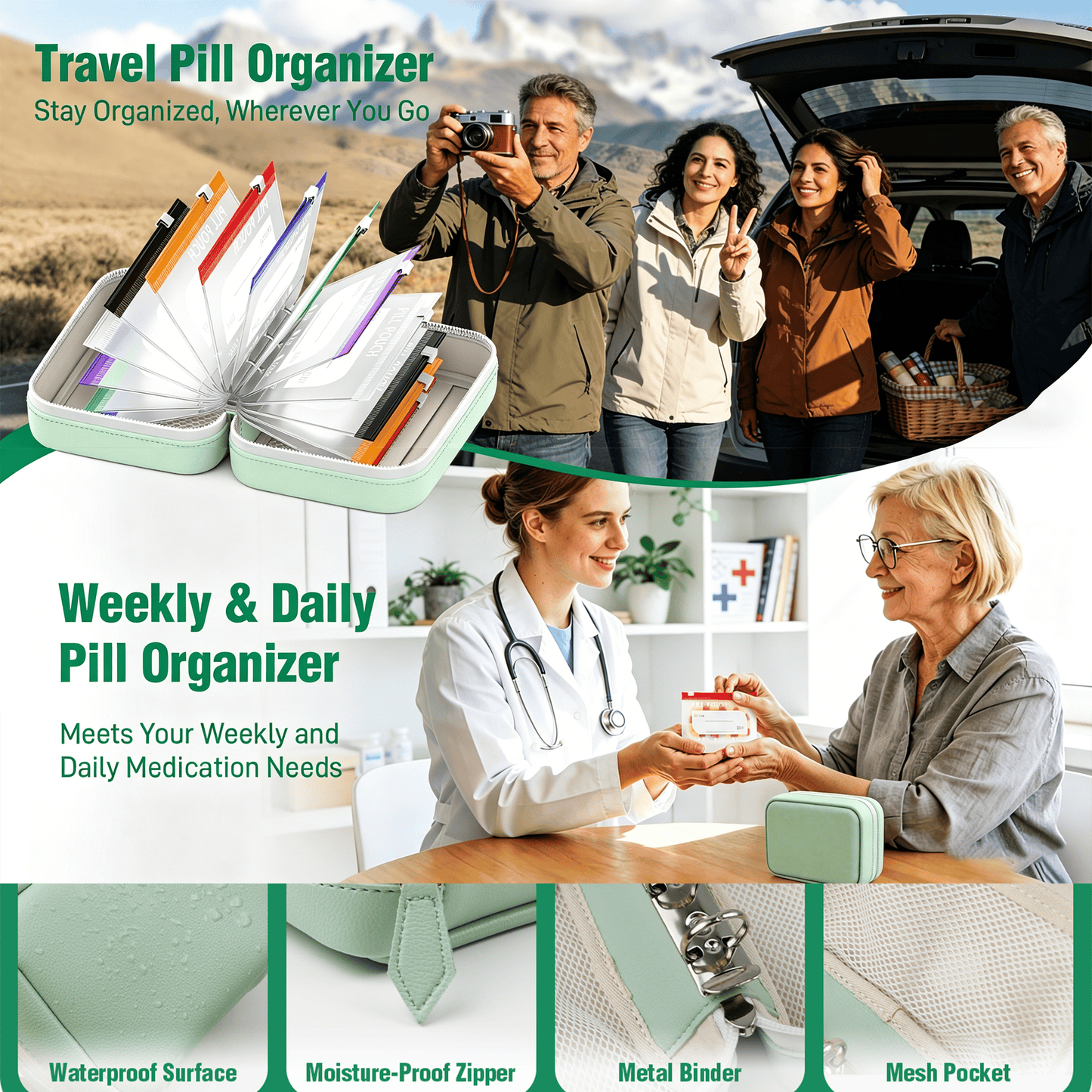 💊A8 Waterproof 14-Pouch Weekly Pill Organizer, Color-Coded Travel Storage for Vitamins & Supplements