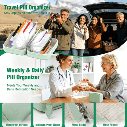 💊A8 Waterproof 14-Pouch Weekly Pill Organizer, Color-Coded Travel Storage for Vitamins & Supplements