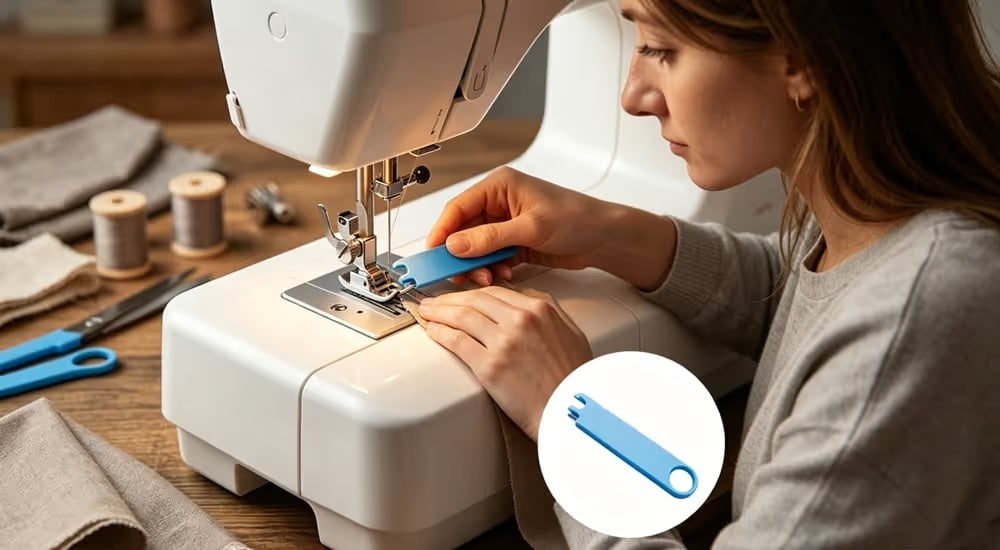 Woman using compact blue sewing tool at sewing machine