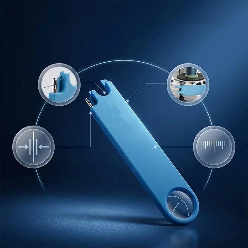 Needle threader showing built in ruler magnifier magnet and threading features